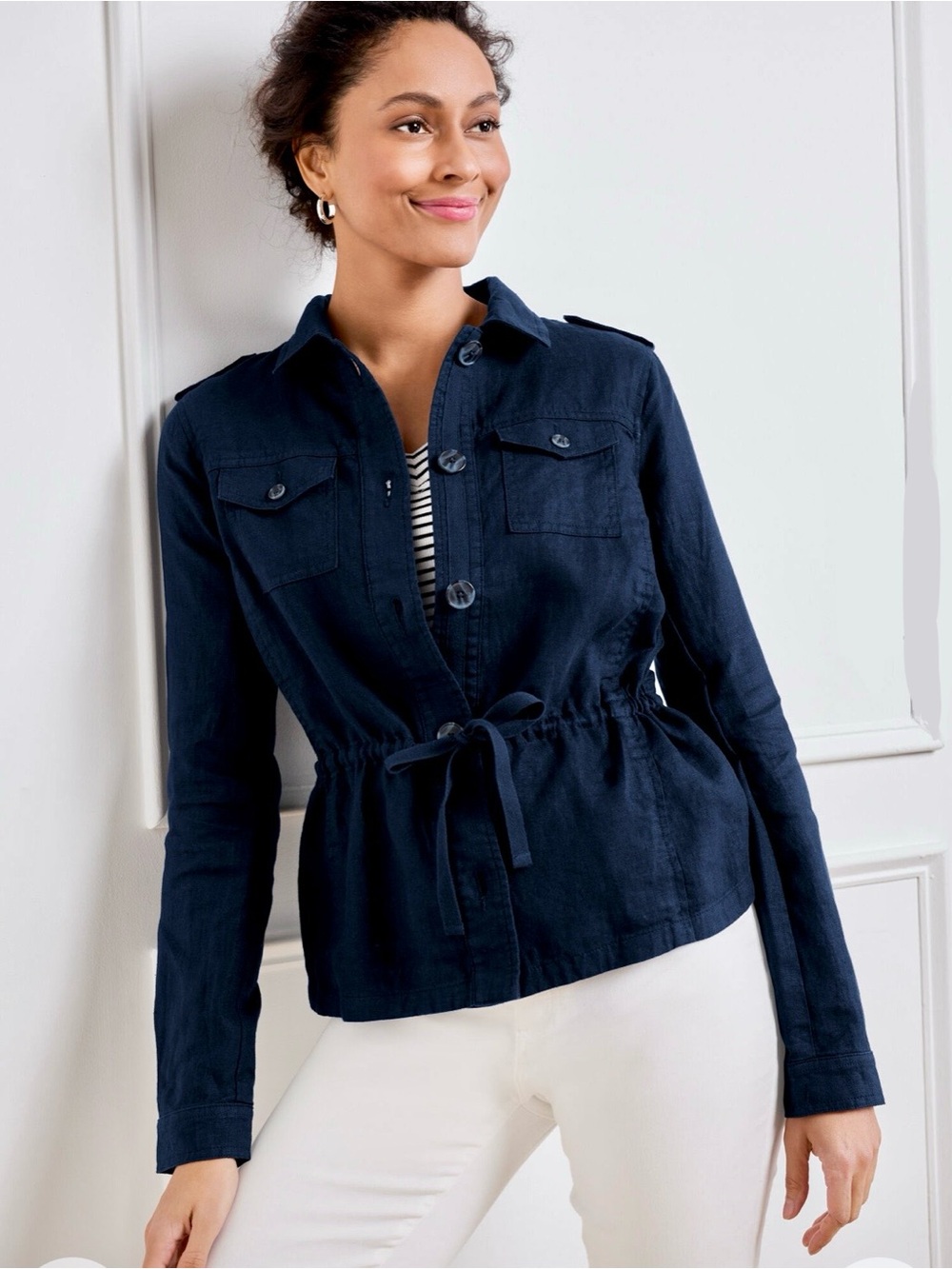 Talbots Navy Drawstring Utility Linen shirt Jacket for Women - NWT